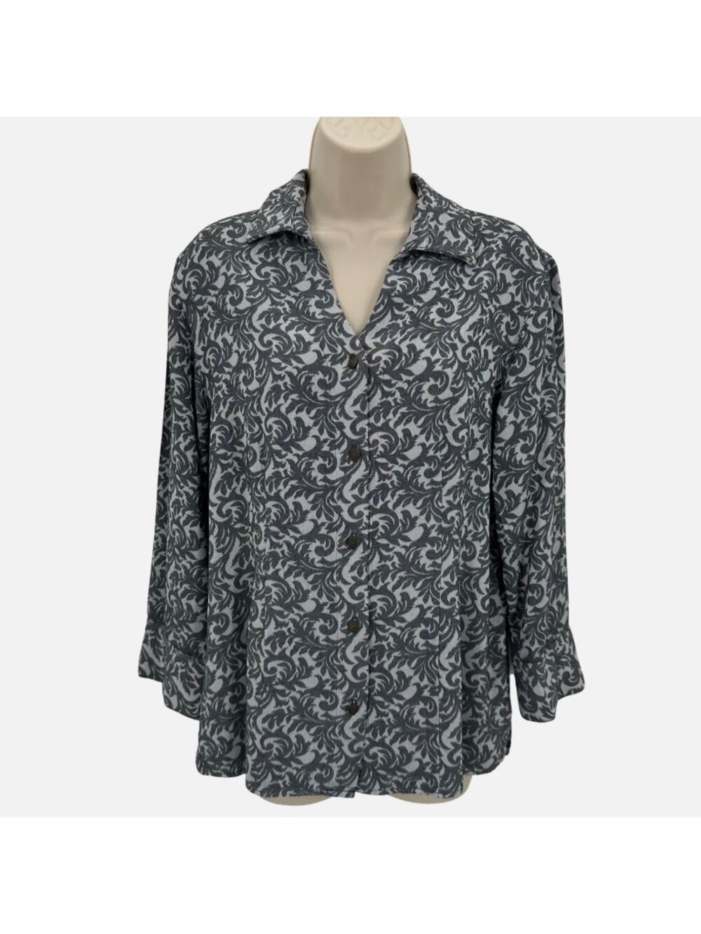 Tianello Womens Floral Black Gray Rayon Long Sleeve USA Button-Down Shirt M